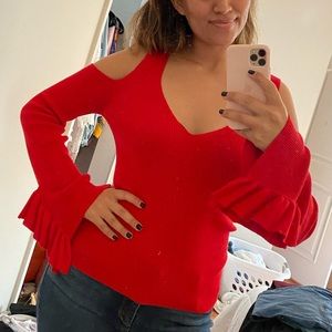 Express Red V neck open shoulder sweater